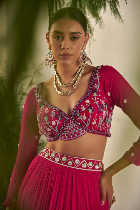 Tilsim By Sagarika Mehrotra_Magenta Georgette Cutdana, Sequin, Bead Carnation And Embroidered Lehenga Set _Online_at_Aza_Fashions