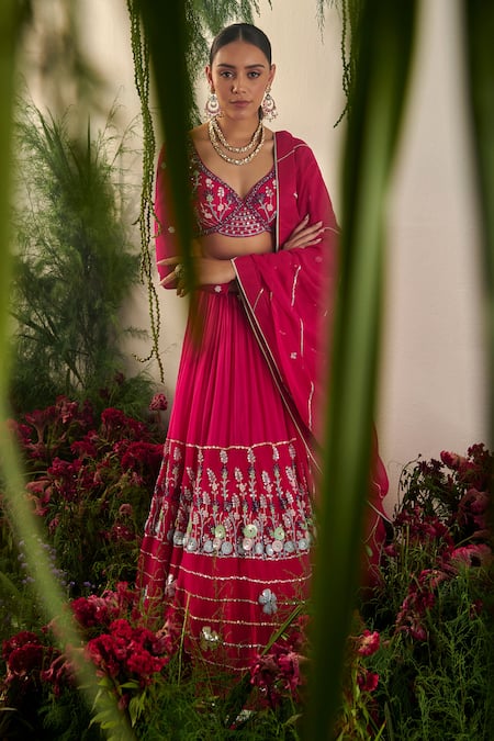 Buy_Tilsim By Sagarika Mehrotra_Magenta Georgette Cutdana, Sequin, Bead Carnation And Embroidered Lehenga Set _Online_at_Aza_Fashions