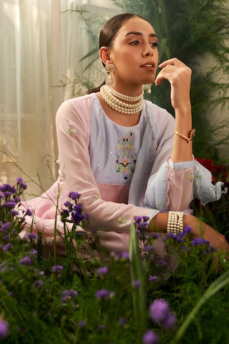 Tilsim By Sagarika Mehrotra Pink Chanderi, Chiffon, Georgette, Lycra Cherry Blossom Embroidered Anarkali Set Online at Aza Fashions Tilsim By Sagarika Mehrotra_Pink Chanderi, Chiffon, Georgette, Lycra Cherry Blossom Embroidered Anarkali Set _Online_at_Aza_Fashions