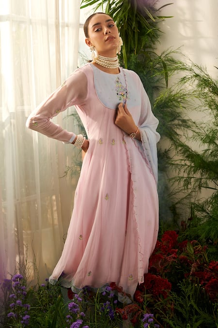 Buy Tilsim By Sagarika Mehrotra Pink Chanderi, Chiffon, Georgette, Lycra Cherry Blossom Embroidered Anarkali Set Online at Aza Fashions Buy_Tilsim By Sagarika Mehrotra_Pink Chanderi, Chiffon, Georgette, Lycra Cherry Blossom Embroidered Anarkali Set _Online_at_Aza_Fashions