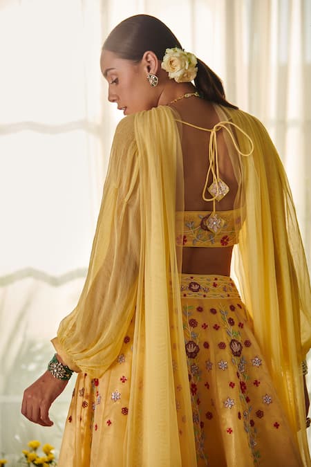 Shop_Tilsim By Sagarika Mehrotra_Yellow Chiffon, Shimmer Organza Floral Daffodil Embroidered Lehenga Set _at_Aza_Fashions