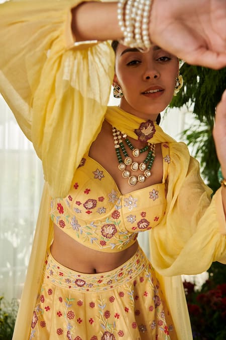 Tilsim By Sagarika Mehrotra_Yellow Chiffon, Shimmer Organza Floral Daffodil Embroidered Lehenga Set _Online_at_Aza_Fashions