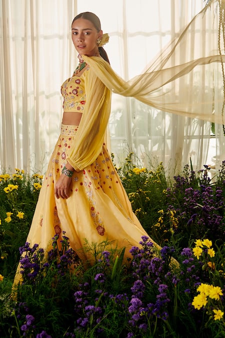 Tilsim By Sagarika Mehrotra_Yellow Chiffon, Shimmer Organza Floral Daffodil Embroidered Lehenga Set _at_Aza_Fashions