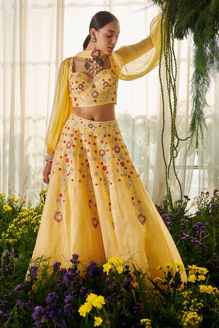 Buy_Tilsim By Sagarika Mehrotra_Yellow Chiffon, Shimmer Organza Floral Daffodil Embroidered Lehenga Set 