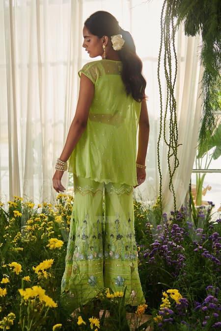 Shop Tilsim By Sagarika Mehrotra Green Georgette Embroidery, Sequins, Applique Open Floral Shrug Sharara Set at Aza Fashions Shop_Tilsim By Sagarika Mehrotra_Green Georgette Embroidery, Sequins, Applique Open Floral Shrug Sharara Set _at_Aza_Fashions
