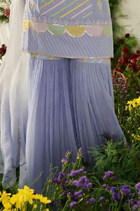 Tilsim By Sagarika Mehrotra_Blue Chiffon, Double Georgette Thread, Hyacinths Embroidered Kurta Gharara Set _Online_at_Aza_Fashions