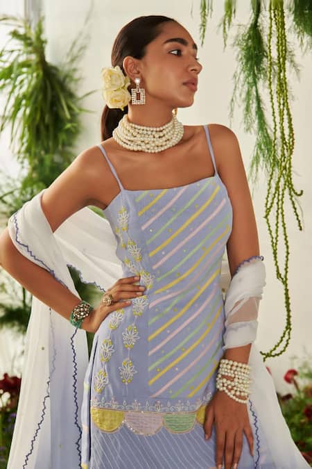 Buy_Tilsim By Sagarika Mehrotra_Blue Chiffon, Double Georgette Thread, Hyacinths Embroidered Kurta Gharara Set _Online_at_Aza_Fashions