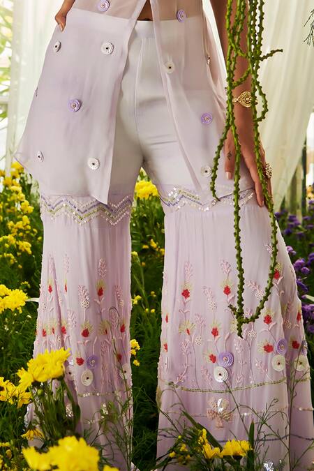 Tilsim By Sagarika Mehrotra Purple Georgette Sequin, Bead Kashmiri Embroidered Long Top With Gharara Online at Aza Fashions Tilsim By Sagarika Mehrotra_Purple Georgette Sequin, Bead Kashmiri Embroidered Long Top With Gharara _Online_at_Aza_Fashions