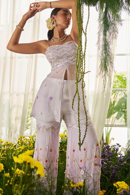 Shop Tilsim By Sagarika Mehrotra Purple Georgette Sequin, Bead Kashmiri Embroidered Long Top With Gharara at Aza Fashions Shop_Tilsim By Sagarika Mehrotra_Purple Georgette Sequin, Bead Kashmiri Embroidered Long Top With Gharara _at_Aza_Fashions