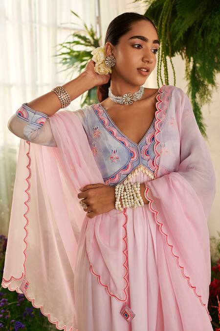 Tilsim By Sagarika Mehrotra_Pink Chiffon, Georgette, Lycra Cut Work, Beads, Lotus Embroidered Anarkali Set _Online_at_Aza_Fashions