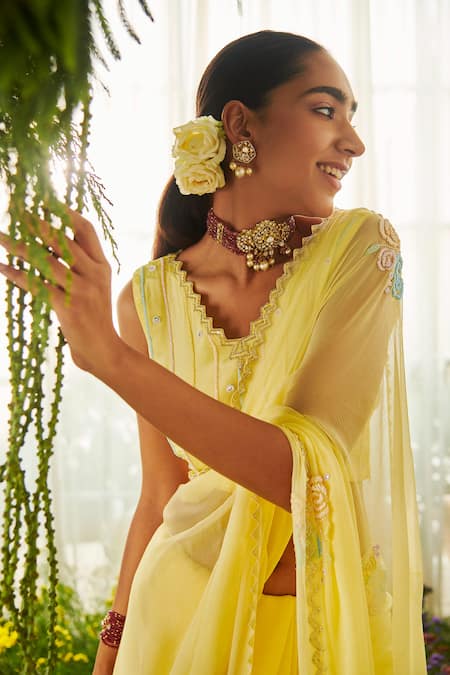 Tilsim By Sagarika Mehrotra_Yellow Crepe, Chiffon Cutdana, Marigold Placement Embroidered Saree With Blouse _Online_at_Aza_Fashions