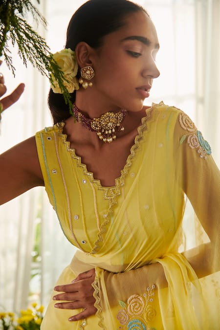 Buy_Tilsim By Sagarika Mehrotra_Yellow Crepe, Chiffon Cutdana, Marigold Placement Embroidered Saree With Blouse _Online_at_Aza_Fashions