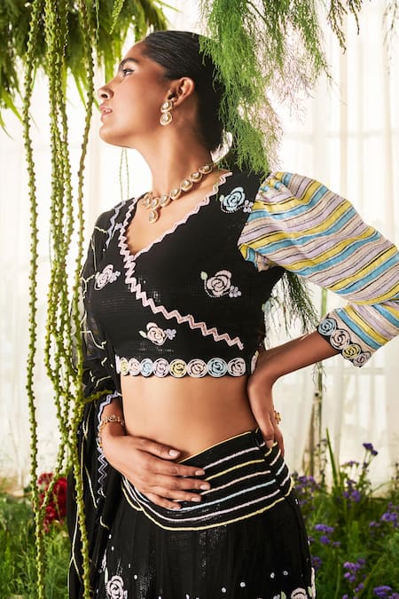Tilsim By Sagarika Mehrotra Black Chiffon Beads, Cut Work, Sequins Open Neck Rose Embroidered Lehenga Set Online at Aza Fashions Tilsim By Sagarika Mehrotra_Black Chiffon Beads, Cut Work, Sequins Open Neck Rose Embroidered Lehenga Set _Online_at_Aza_Fashions