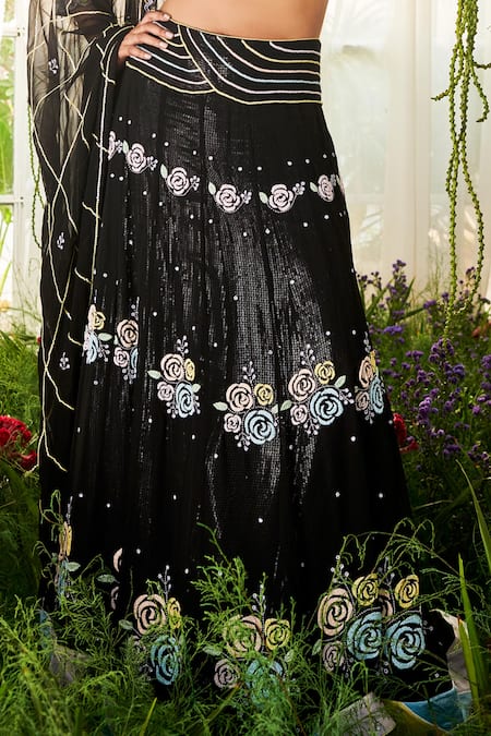 Buy Tilsim By Sagarika Mehrotra Black Chiffon Beads, Cut Work, Sequins Open Neck Rose Embroidered Lehenga Set Online at Aza Fashions Buy_Tilsim By Sagarika Mehrotra_Black Chiffon Beads, Cut Work, Sequins Open Neck Rose Embroidered Lehenga Set _Online_at_Aza_Fashions