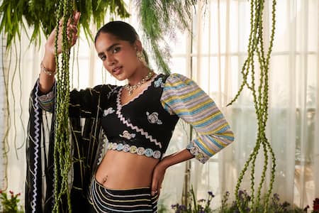 Shop Tilsim By Sagarika Mehrotra Black Chiffon Beads, Cut Work, Sequins Open Neck Rose Embroidered Lehenga Set Online at Aza Fashions Shop_Tilsim By Sagarika Mehrotra_Black Chiffon Beads, Cut Work, Sequins Open Neck Rose Embroidered Lehenga Set _Online_at_Aza_Fashions