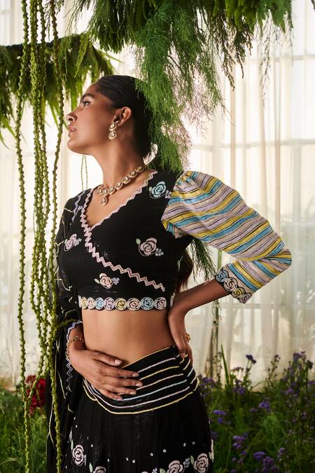 Tilsim By Sagarika Mehrotra Black Chiffon Beads, Cut Work, Sequins Open Neck Rose Embroidered Lehenga Set at Aza Fashions Tilsim By Sagarika Mehrotra_Black Chiffon Beads, Cut Work, Sequins Open Neck Rose Embroidered Lehenga Set _at_Aza_Fashions