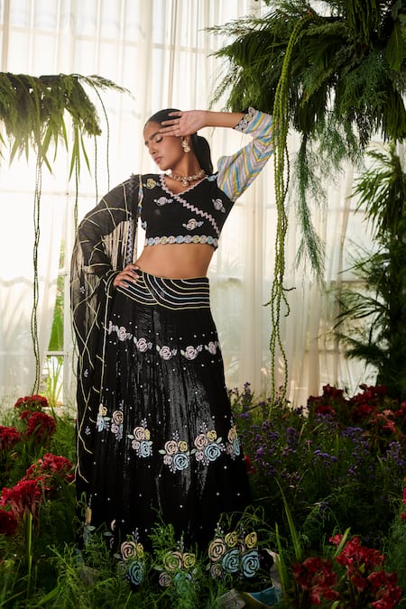 Buy Tilsim By Sagarika Mehrotra Black Chiffon Beads, Cut Work, Sequins Open Neck Rose Embroidered Lehenga Set Buy_Tilsim By Sagarika Mehrotra_Black Chiffon Beads, Cut Work, Sequins Open Neck Rose Embroidered Lehenga Set