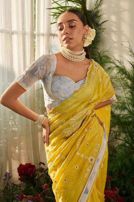 Buy_Tilsim By Sagarika Mehrotra_Yellow Chanderi Thread, Bead Sweetheart Orchid Embroidered Saree With Blouse _Online_at_Aza_Fashions