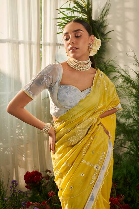 Shop_Tilsim By Sagarika Mehrotra_Yellow Chanderi Thread, Bead Sweetheart Orchid Embroidered Saree With Blouse _Online_at_Aza_Fashions