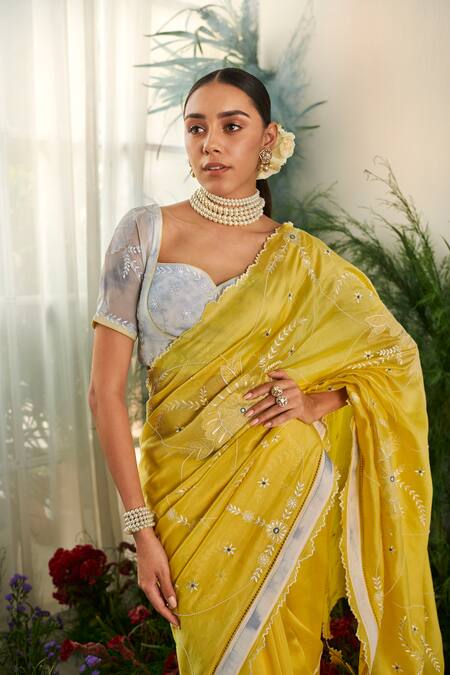 Shop_Tilsim By Sagarika Mehrotra_Yellow Chanderi Thread, Bead Sweetheart Orchid Embroidered Saree With Blouse 