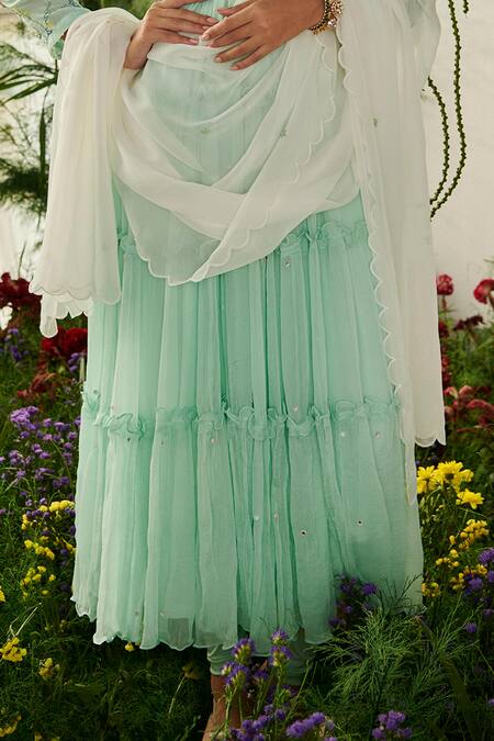 Tilsim By Sagarika Mehrotra_Green Chiffon, Georgette, Lycra Sequins, Beads, Floral Sea Anarkali Set _Online_at_Aza_Fashions