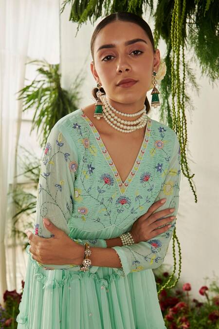 Buy_Tilsim By Sagarika Mehrotra_Green Chiffon, Georgette, Lycra Sequins, Beads, Floral Sea Anarkali Set _Online_at_Aza_Fashions