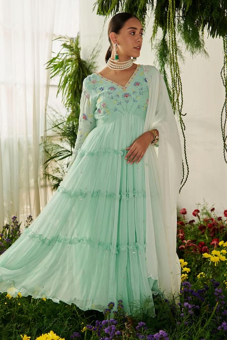 Shop_Tilsim By Sagarika Mehrotra_Green Chiffon, Georgette, Lycra Sequins, Beads, Floral Sea Anarkali Set _Online_at_Aza_Fashions