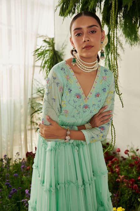 Tilsim By Sagarika Mehrotra_Green Chiffon, Georgette, Lycra Sequins, Beads, Floral Sea Anarkali Set _at_Aza_Fashions