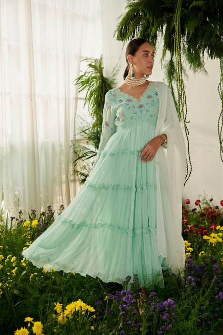 Buy_Tilsim By Sagarika Mehrotra_Green Chiffon, Georgette, Lycra Sequins, Beads, Floral Sea Anarkali Set 