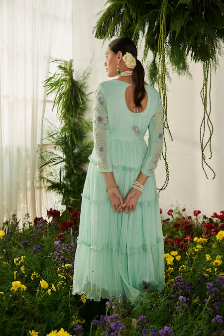 Shop_Tilsim By Sagarika Mehrotra_Green Chiffon, Georgette, Lycra Sequins, Beads, Floral Sea Anarkali Set 