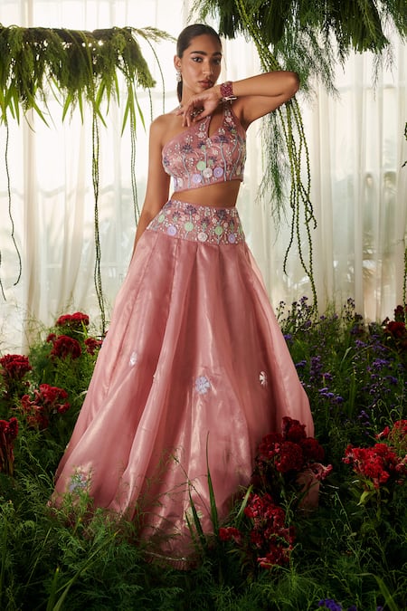Shop_Tilsim By Sagarika Mehrotra_Pink Organza Sequins, Cut Work, Beads Peony Floral Embroidered Lehenga Set _Online_at_Aza_Fashions