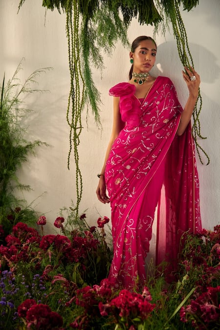 Buy_Tilsim By Sagarika Mehrotra_Magenta Saree Georgette, Blouse Crepe And Hydrangea Floral Embroidered With _Online_at_Aza_Fashions
