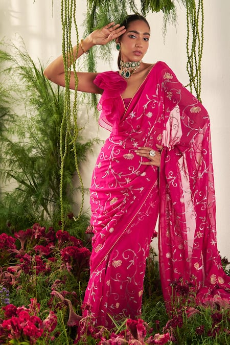 Shop_Tilsim By Sagarika Mehrotra_Magenta Saree Georgette, Blouse Crepe And Hydrangea Floral Embroidered With _Online_at_Aza_Fashions