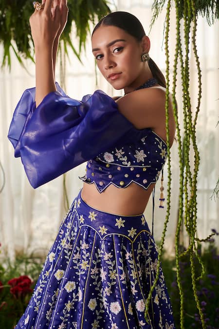 Tilsim By Sagarika Mehrotra_Blue Organza Beads, Sequins, Embroidery Sweetheart Neck Navy Floral Lehenga Set _Online_at_Aza_Fashions