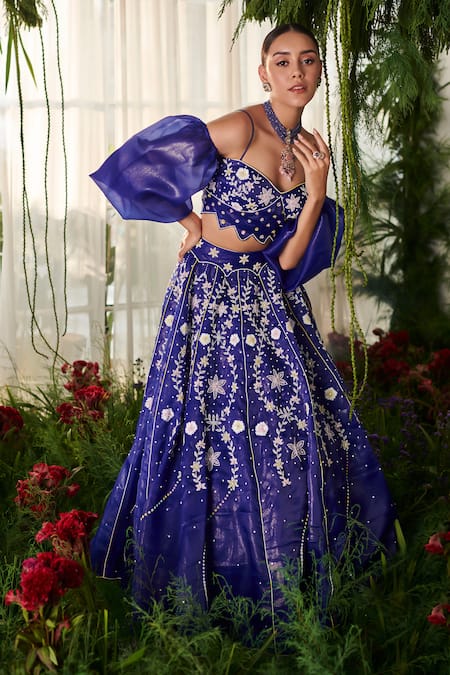 Buy_Tilsim By Sagarika Mehrotra_Blue Organza Beads, Sequins, Embroidery Sweetheart Neck Navy Floral Lehenga Set _Online_at_Aza_Fashions