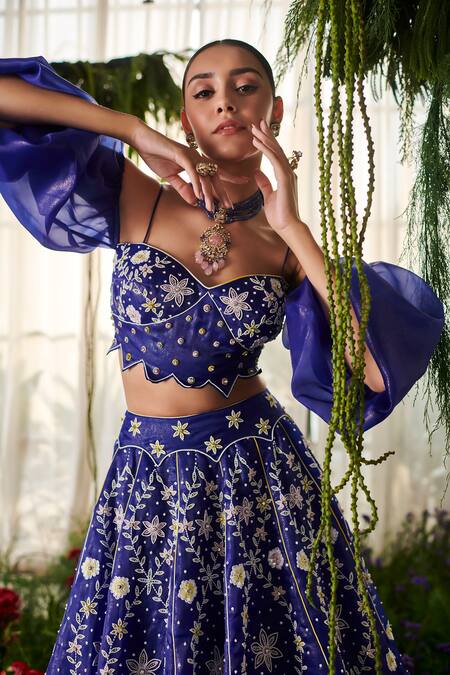 Shop_Tilsim By Sagarika Mehrotra_Blue Organza Beads, Sequins, Embroidery Sweetheart Neck Navy Floral Lehenga Set _Online_at_Aza_Fashions