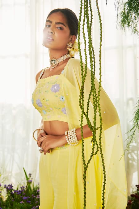 Buy_Tilsim By Sagarika Mehrotra_Yellow Organza, Georgette Cut Work, Floral Embroidered Crop Top Gharara Set _Online_at_Aza_Fashions