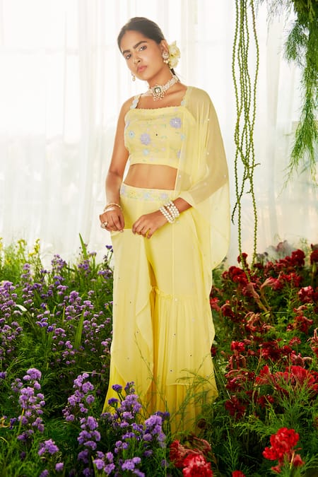 Tilsim By Sagarika Mehrotra Floral Embroidered Yellow Crop Top Gharara Set 