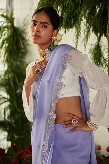 Tilsim By Sagarika Mehrotra_White Chiffon Beads, Cut Work, Embroidery Sweetheart Wisteria Floral Saree Set _Online_at_Aza_Fashions
