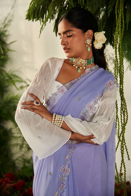 Buy_Tilsim By Sagarika Mehrotra_White Chiffon Beads, Cut Work, Embroidery Sweetheart Wisteria Floral Saree Set _Online_at_Aza_Fashions