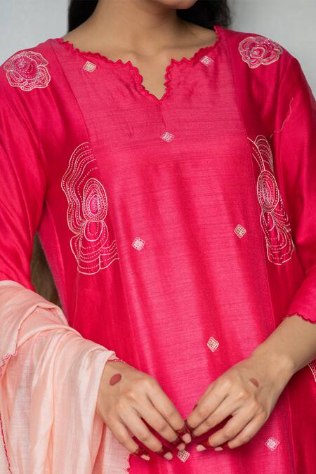 Tilsim By Sagarika Mehrotra_Pink Silk, , Cotton Embroidery Round Neck Rosa Kurta Pant Set _Online_at_Aza_Fashions