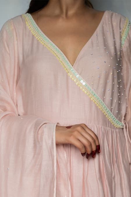 Tilsim By Sagarika Mehrotra_Pink , Cotton Sequins, Pearls Embellished Angarkha Anarkali Set _Online_at_Aza_Fashions