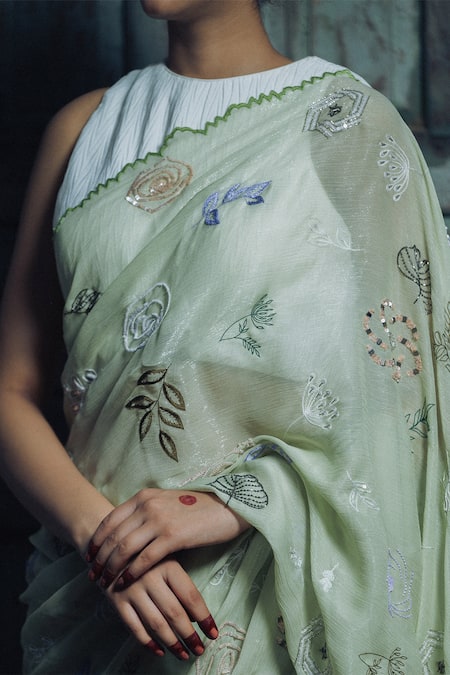 Tilsim By Sagarika Mehrotra_Green Pleated , Shimmer Inika Embroidered Saree With Blouse _Online_at_Aza_Fashions