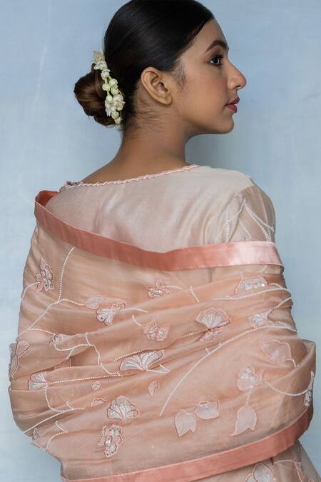 Tilsim By Sagarika Mehrotra_Beige Organza, Chanderi, Satin Embroidery, Pearls Floral Vine Patch Saree Set _Online_at_Aza_Fashions