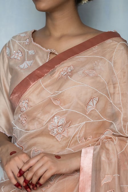 Buy_Tilsim By Sagarika Mehrotra_Beige Organza, Chanderi, Satin Embroidery, Pearls Floral Vine Patch Saree Set _Online_at_Aza_Fashions
