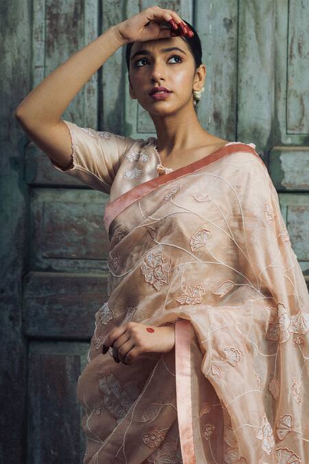 Shop_Tilsim By Sagarika Mehrotra_Beige Organza, Chanderi, Satin Embroidery, Pearls Floral Vine Patch Saree Set _Online_at_Aza_Fashions
