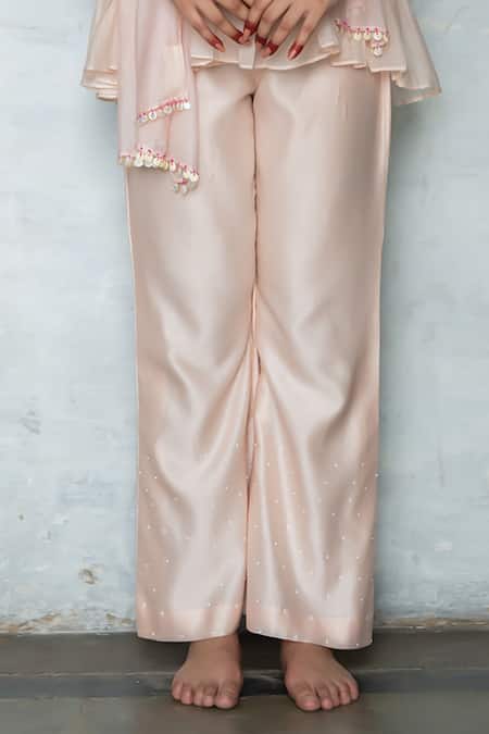 Buy_Tilsim By Sagarika Mehrotra_Pink Mal Chanderi Vine Boat Neck Meher Embroidered Peplum Top Pant Set _Online_at_Aza_Fashions