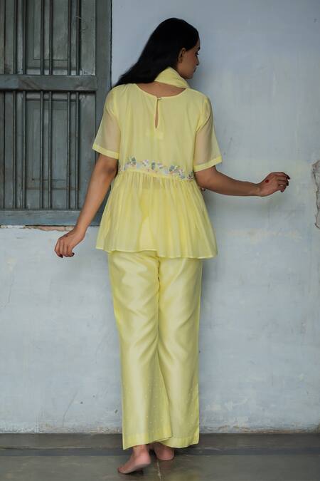 Tilsim By Sagarika Mehrotra Vine Embroidered Yellow Peplum Top Pant Set 