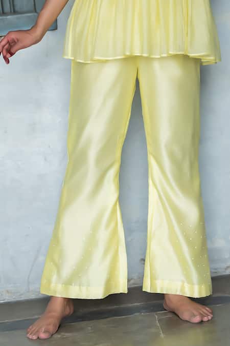 Buy_Tilsim By Sagarika Mehrotra_Yellow Chanderi Embroidery Boat Neck Vine Peplum Top Pant Set _Online_at_Aza_Fashions
