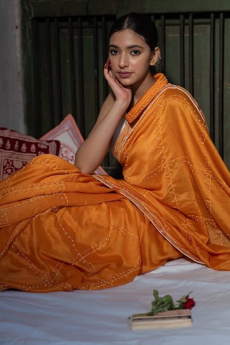 Buy_Tilsim By Sagarika Mehrotra_White Chanderi, Chiffon Embroidery Collared Graph Square Saree And Blouse _Online_at_Aza_Fashions